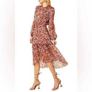 Misa Simone Floral Print Long Sleeve Chiffon Midi Dress In Multi Women’s Sz M